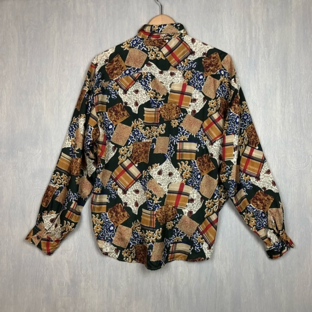 Vintage Silk Patchwork Print Tie Button Down - image 6